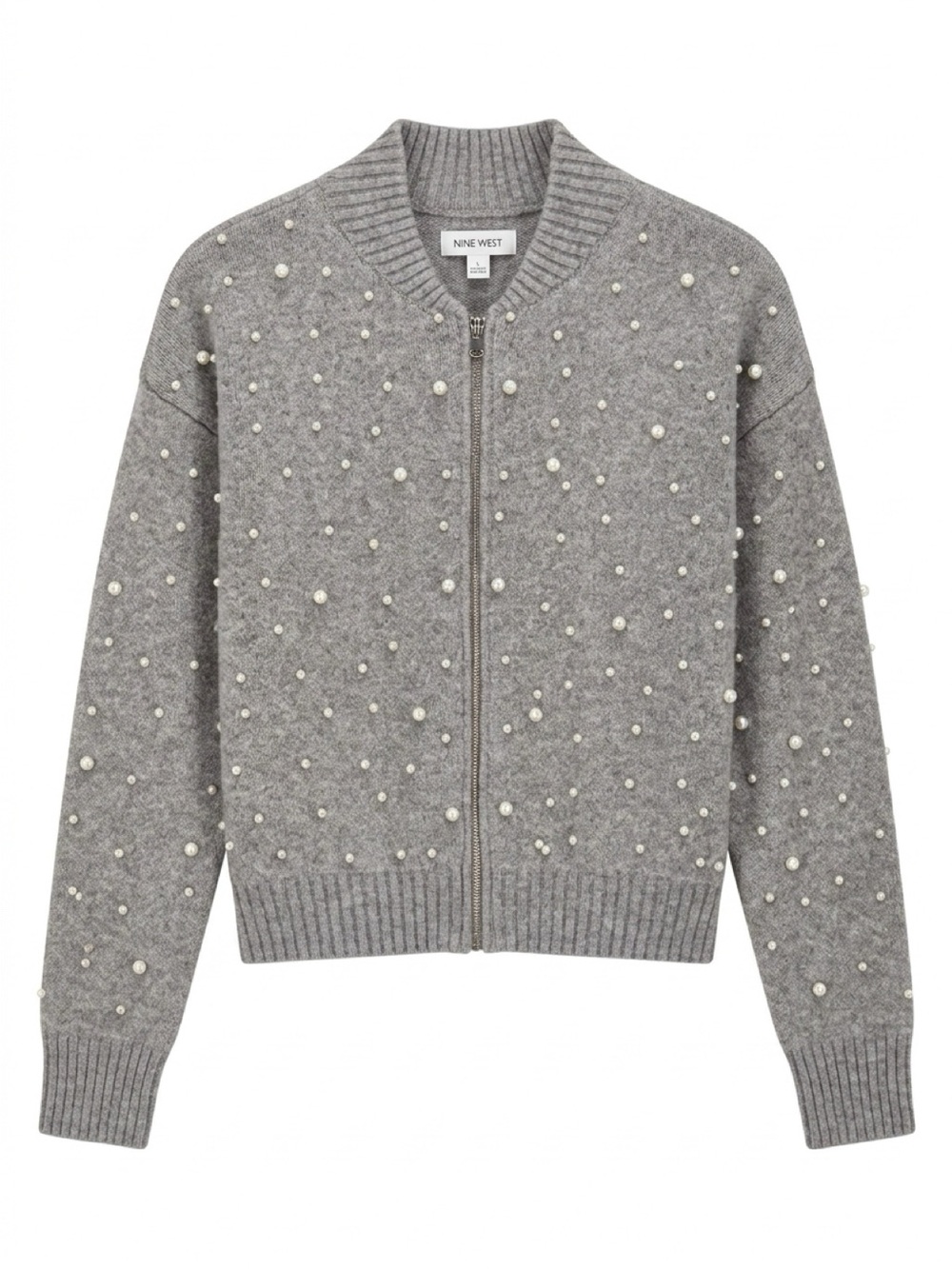 Nine West Gray Pearl-Studded Zip-Up Cardigan
